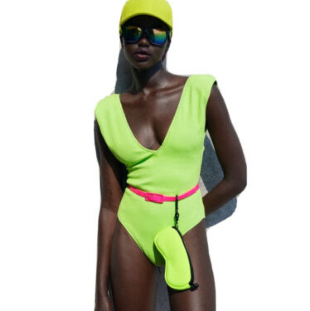 ZARA NWT Neon Green One-piece Plunge Swimsuit